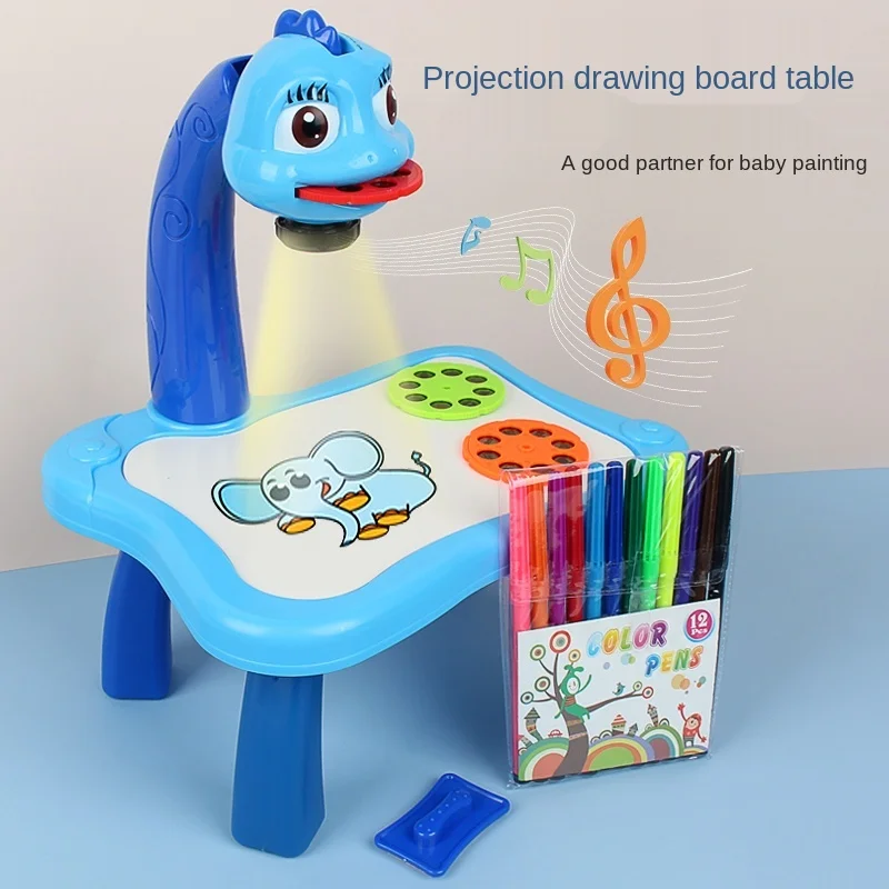 Multifunctional kids drawing projector toys educational painting toys learning desk easel toy projection machine with light