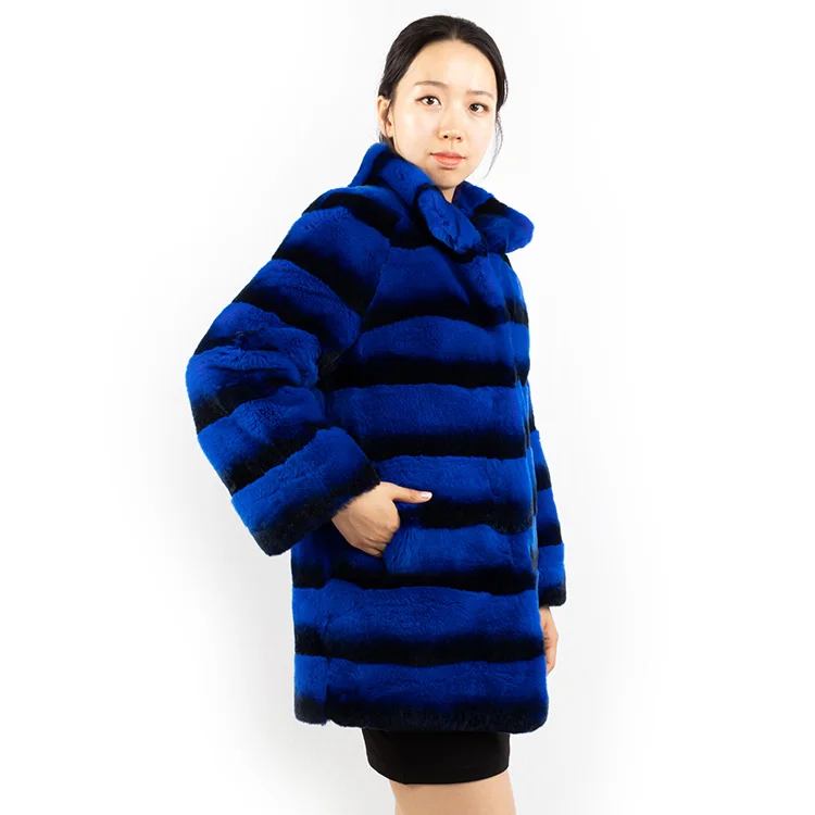 blue color chinchilla fur coat women winter genuine rex rabbit fur coat