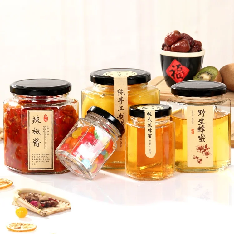 Wholesale 100ml 180ml 280ml 500ml 730ml Custom Round Empty Storage Hexagon Honey Jar Glass With Lid
