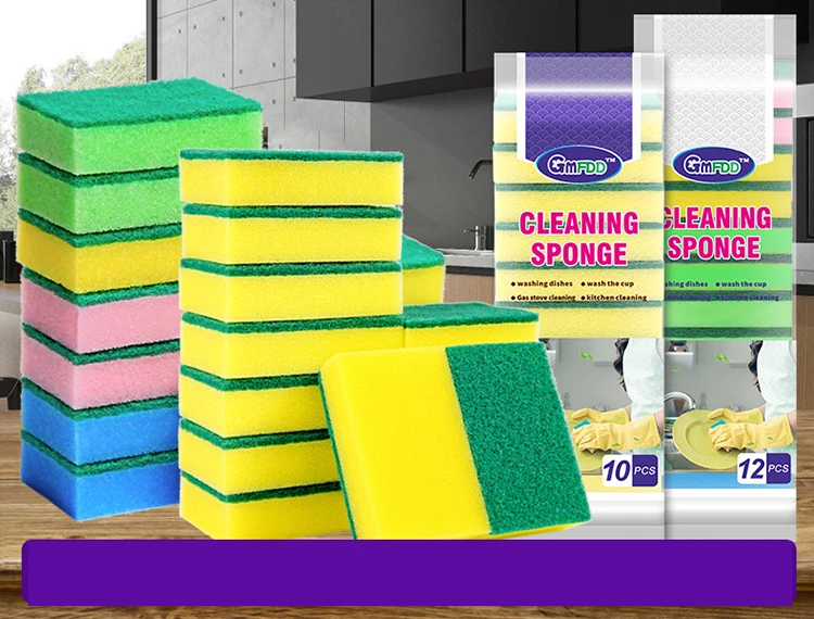 Wholesale Cheap household double side kitchen cleaning sponge block green yellow washing sponge scouring pad dish-washing sponge