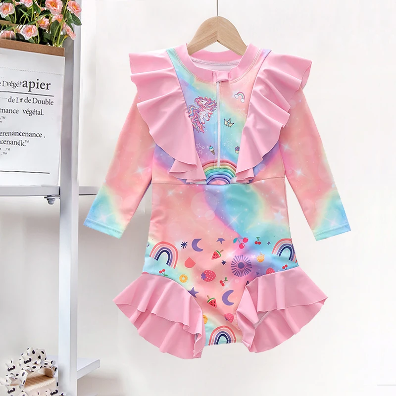 New Fashion Custom New Summer Kids Swimwear Wholesale Girl Swimwear Printing Long Sleeve Zipper Design Swimsuit