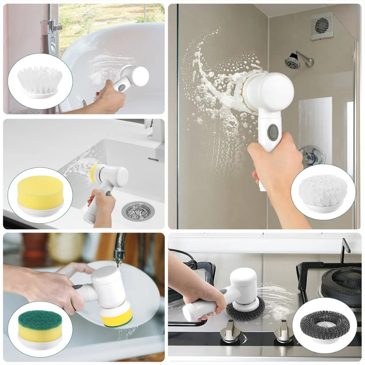 Custom logo New Electric Spin Scrubber 5 Replaceable Heads Handheld Cleaning Brush Bathroom Kitchen Window Bottle Sponge Style