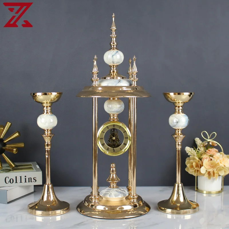 New Design Retro Home Decoration Metal Tea Lights Candle Holder Ceramics Desk Clock Set For Furnishings Crafts