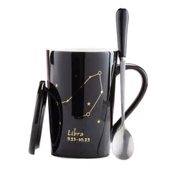 12 Constellations Creative Ceramic Mugs with Spoon Lid Black and Gold Porcelain Zodiac Milk Coffee Cup