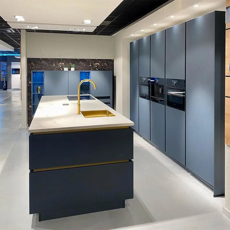 2023 Latest Custom Luxury Modern Solid Wood Cabinets Covers Vinyl Cupboard Hidden Ghana Blue Kitchen Cabinet Made In China