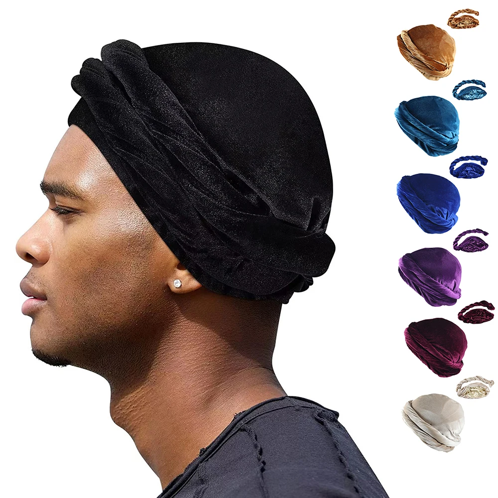 HZM-22365 Velvet Turban for Men Vintage Twist Head Wraps for Men Stretch Satin Turban Scarf Tie for Hair Cycling Sports