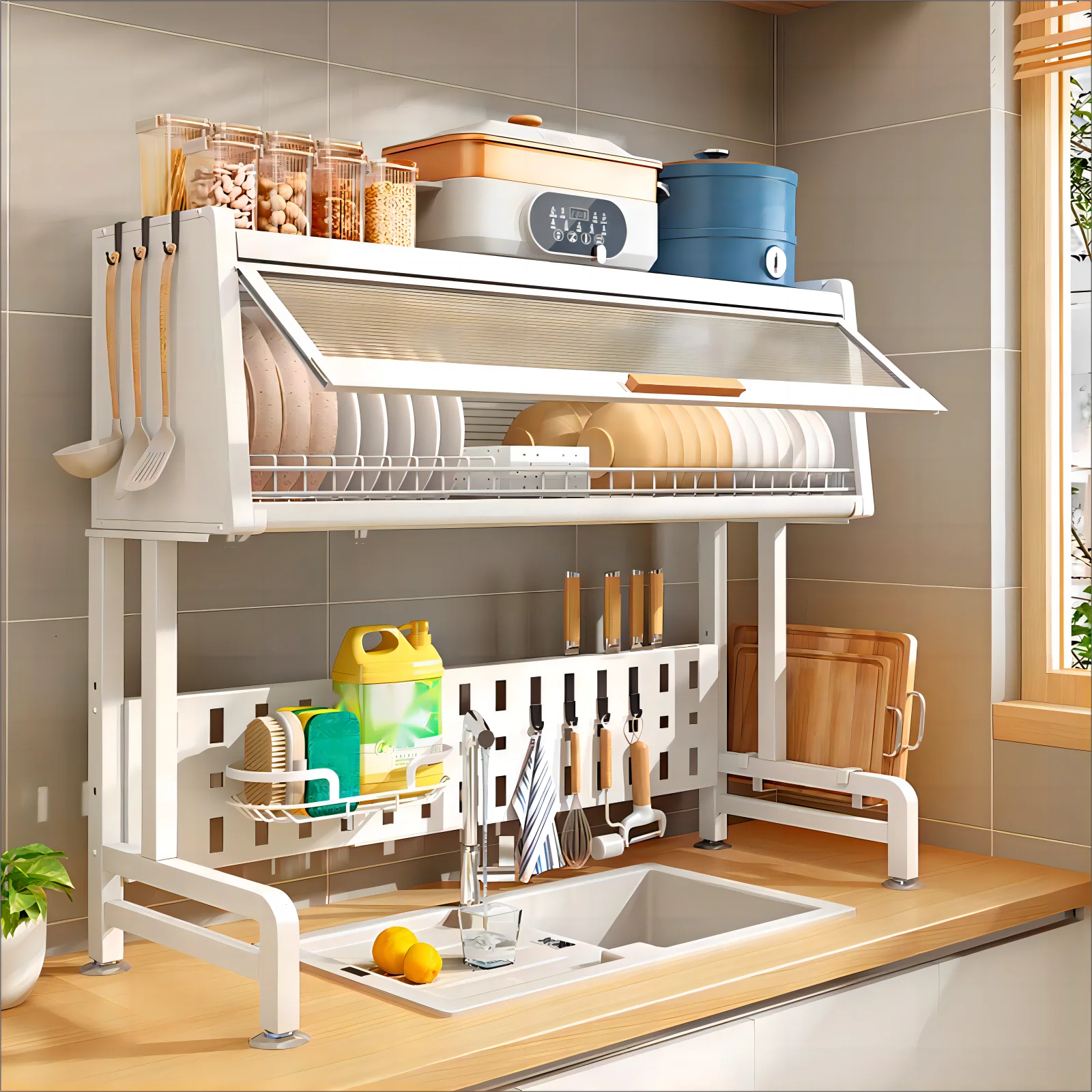 Household Tableware Racks Dish Drying Rack Steel Spice Dish Organizers And Storage With Hooks