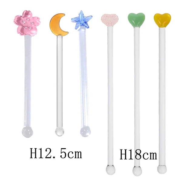 Handmade lovely pink Heart,star,moon,flower shape decorative glass drink stir swizzle sticks frozen drink cocktail bar stirrer