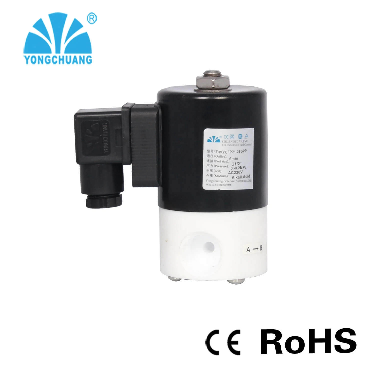 Yongchuang YCFP21 Chemical Resistant Ptfe Solenoid Valve Corrosive Fluid and Acid Solenoid Valve