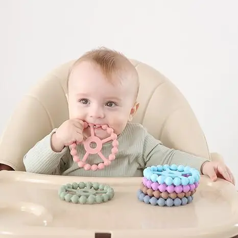 Easy to Grasp Toy for Baby Teething Relief 3 Pack Ring Teether Silicone Teething Ring Toys for Babies 0-6 6-12 12-24 Months