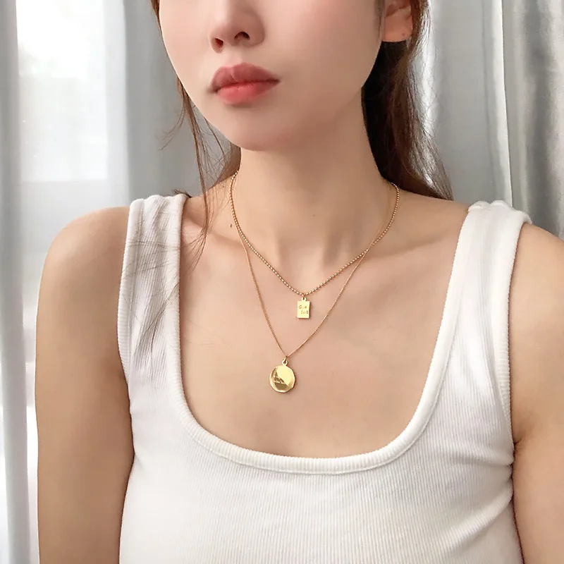 Custom Double Layer Necklace Classic Titanium Steel Pendant Necklace Gold Coin Fashion Necklace for Women Unisex