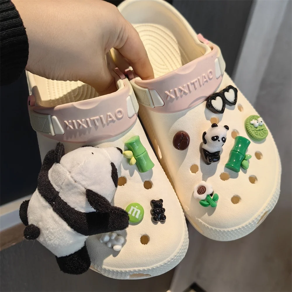 New plush Panda clogs Shoe charms set diy bamboo detachable shoe buckle  slippers accessories