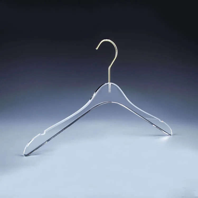 Clear Acrylic Clothes Hanger with Gold Hook Transparent Shirts Dress Hanger with Notches for Lady Kids