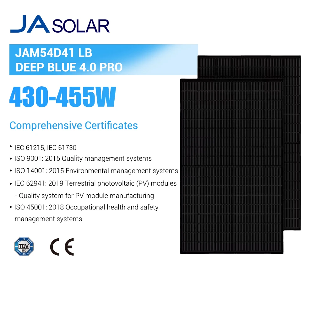JA Solar JAM54D41-435/LB Full Black Bifacial Solar Modules Mono Half Cell 435W 440W 445W 450W 455W Solar Panel