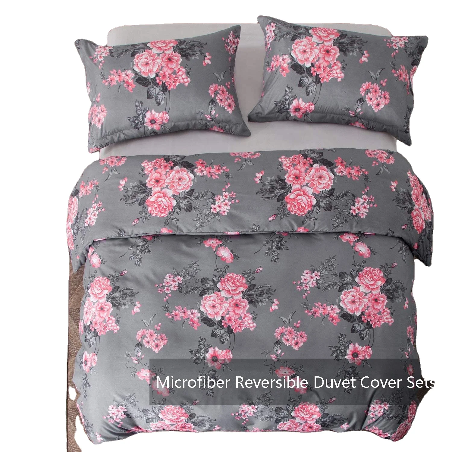 China Factory Price Soft Reversible Brushed Microfiber Printed Bed Duvet Cover Sets Quilt Cover With Pillow Cases Grey Bouquet
