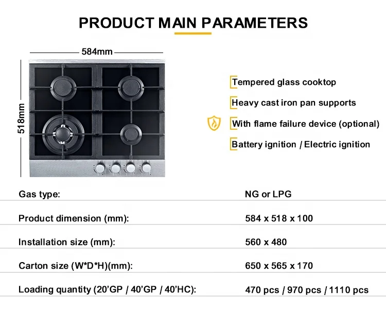 Household Appliances Built-In Installation 4 Burner Gas Stove CE Certification Estufas a Gas