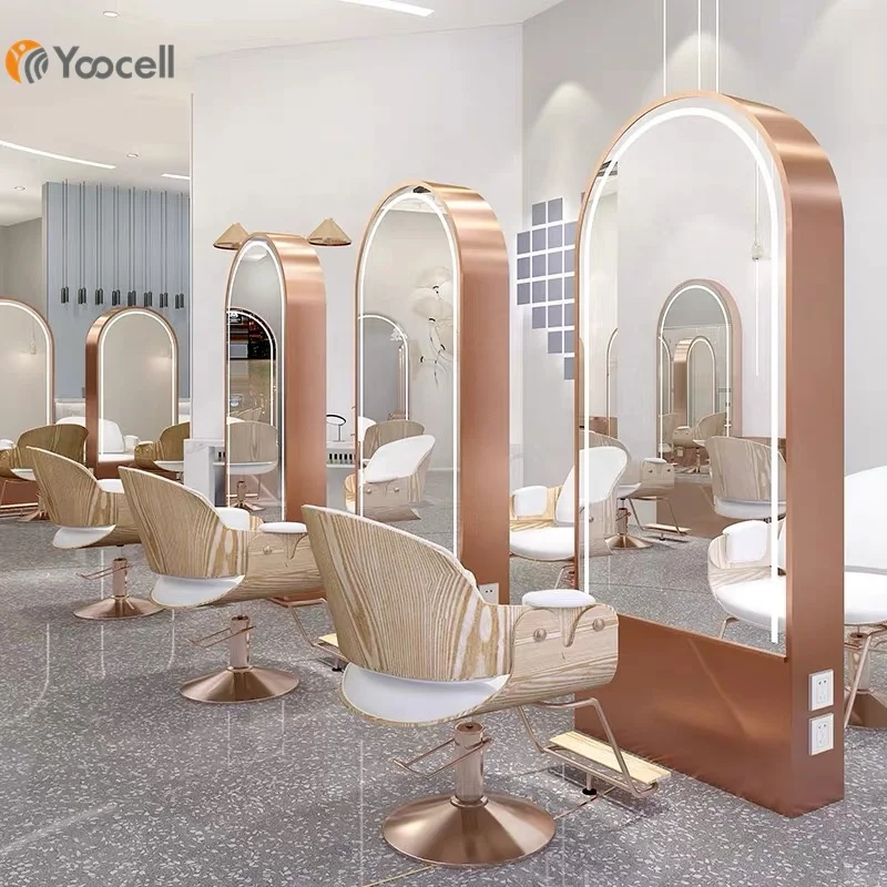 Yoocell High quality fashionable beauty salon LED light wall mounted rose gold mirror hair styling station