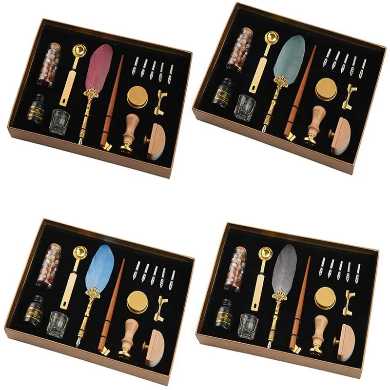 Sprinkle Gold Luxury Vintage Feather Quill Dip Calligraphy Fountain Pen Writing Ink 5 Nibs Set Stationery Birthday Gift Box