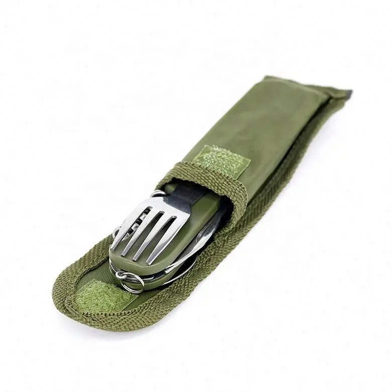 Army Green Folding Portable Stainless Steel Camping Picnic Cutlery Knife Fork Spoon Bottle Opener Flatware Tableware Travel Kit