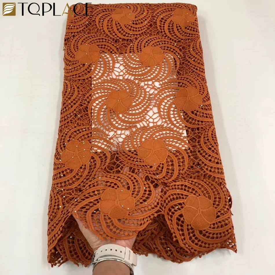 African Cord Lace With Stones With Stones Water Soluble White Color Embroidery Nigeria Guipure Lace Fabrics For Wedding Dress