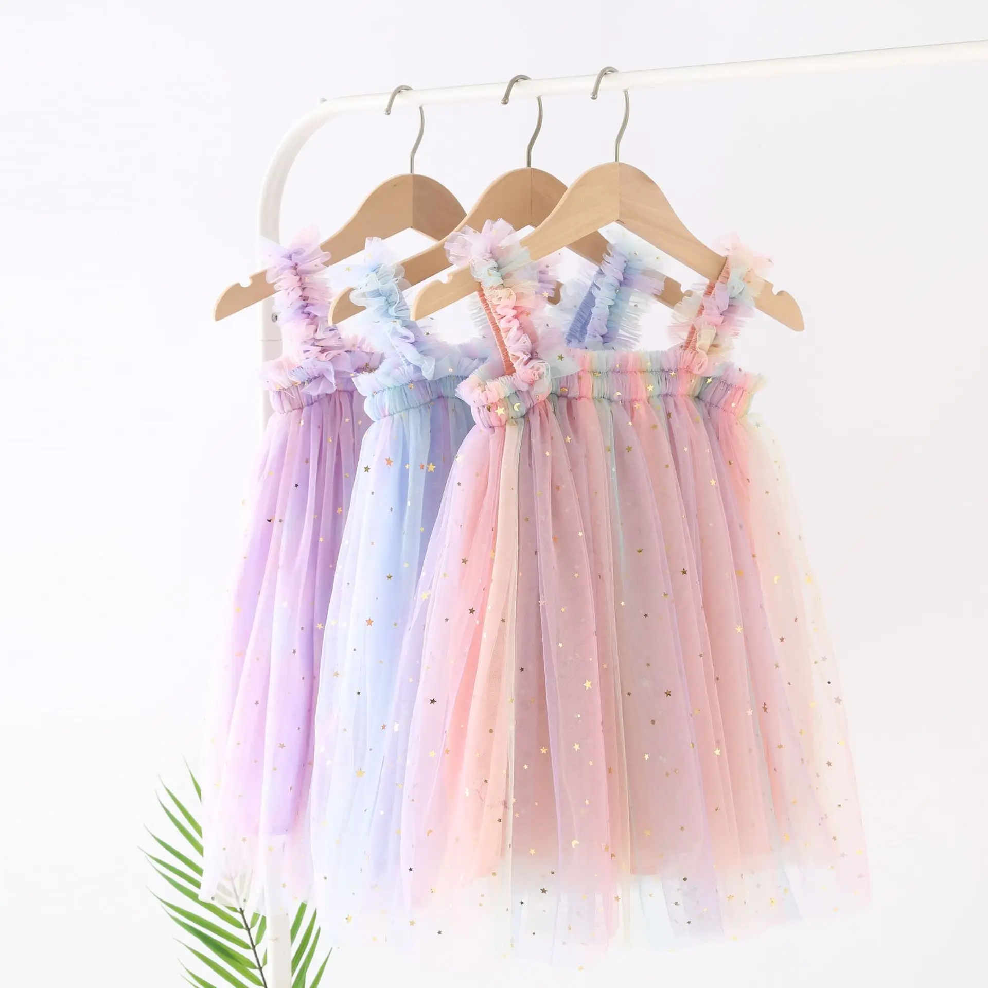 Wholesale rainbow color sequined star kids girl tulle tutu dresses baby girl summer dress