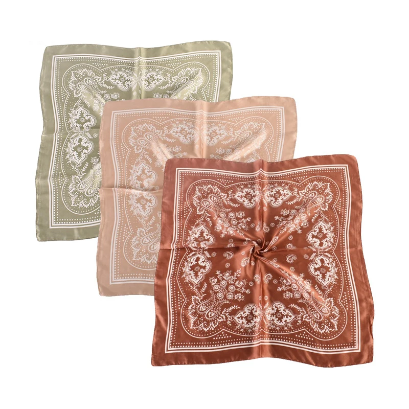 Vintage fancy 70*70 square satin hijab silk head wrap head tie scarf paisley printing bandana scarves for ladies women
