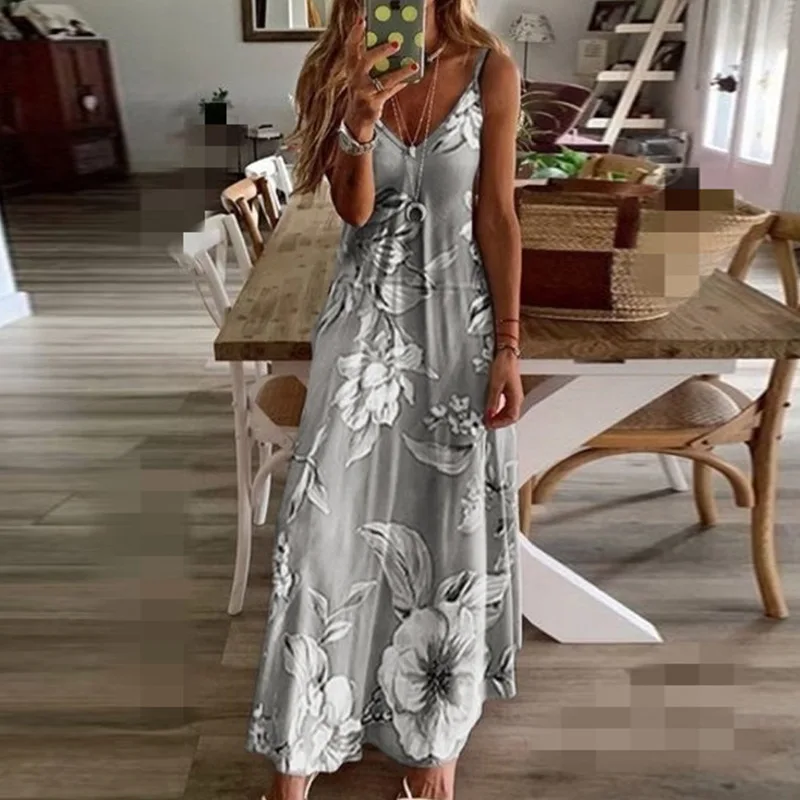 Bohemian Slip Dress Summer Sleeveless Backless Floral Casual Maxi Dress Sundresses For Women