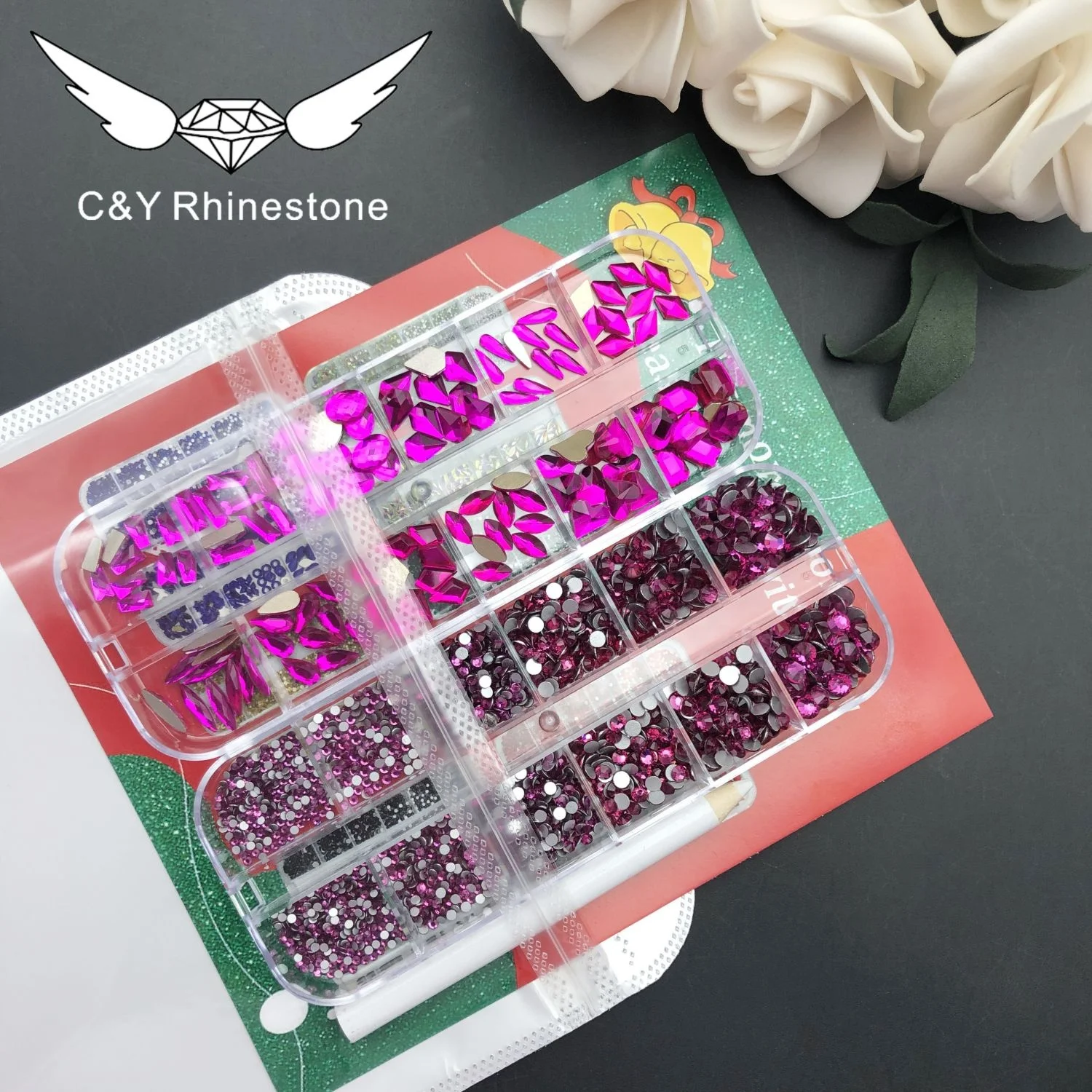 CY 12 Grid Box Crystal Rhinestone Nail And Color Flat Back Crystal Rhinestone Nail Enhancement Set