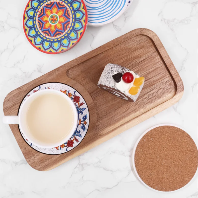 Wholesale Custom Acacia Wood Tray with Coaster Eco-Friendly Dinner Plates for Food Features Plant Pattern