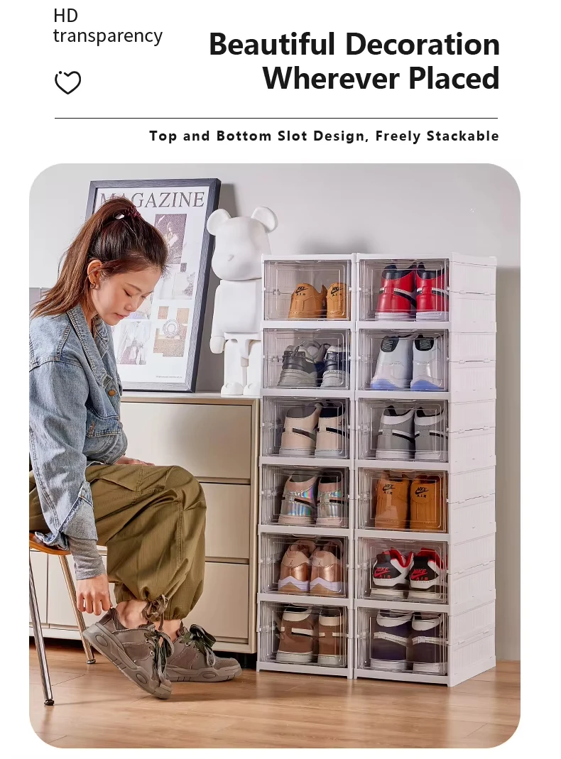 Classified Plastic Shoe Rack Cabinet Stackable Clear Sneaker Box Collapsible High Quality Creative Shoe Box