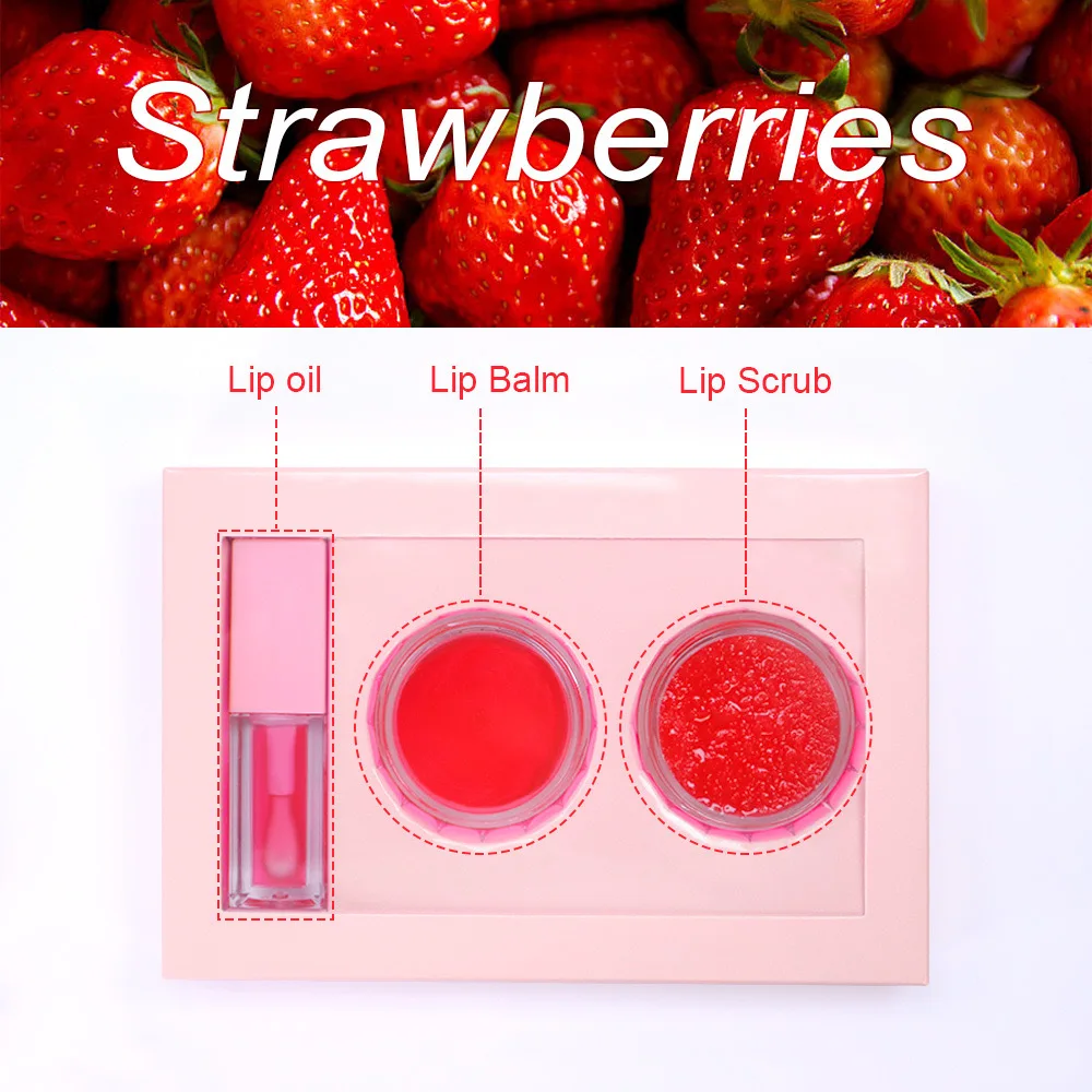 Strawberry 3 IN 1Gift Vegan SPF Moisturizer Custom Lipgloss Natural Vitamin E Sunscreen Hydrating Lip Balm Lip Scrub Lip Gloss