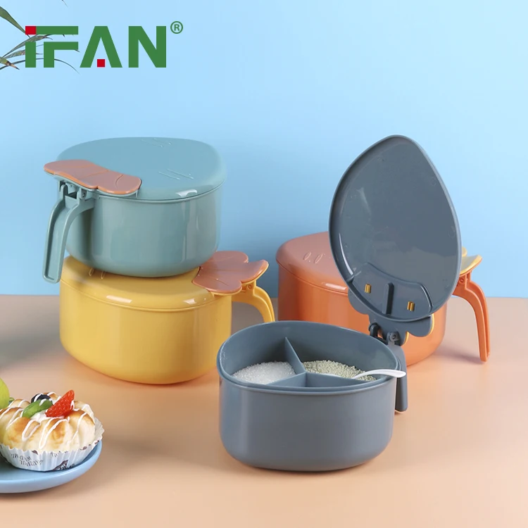 Горячая распродажа пластиковая коробка для приправ сине-зеленая желто-оранжевая банка специй с ложкой