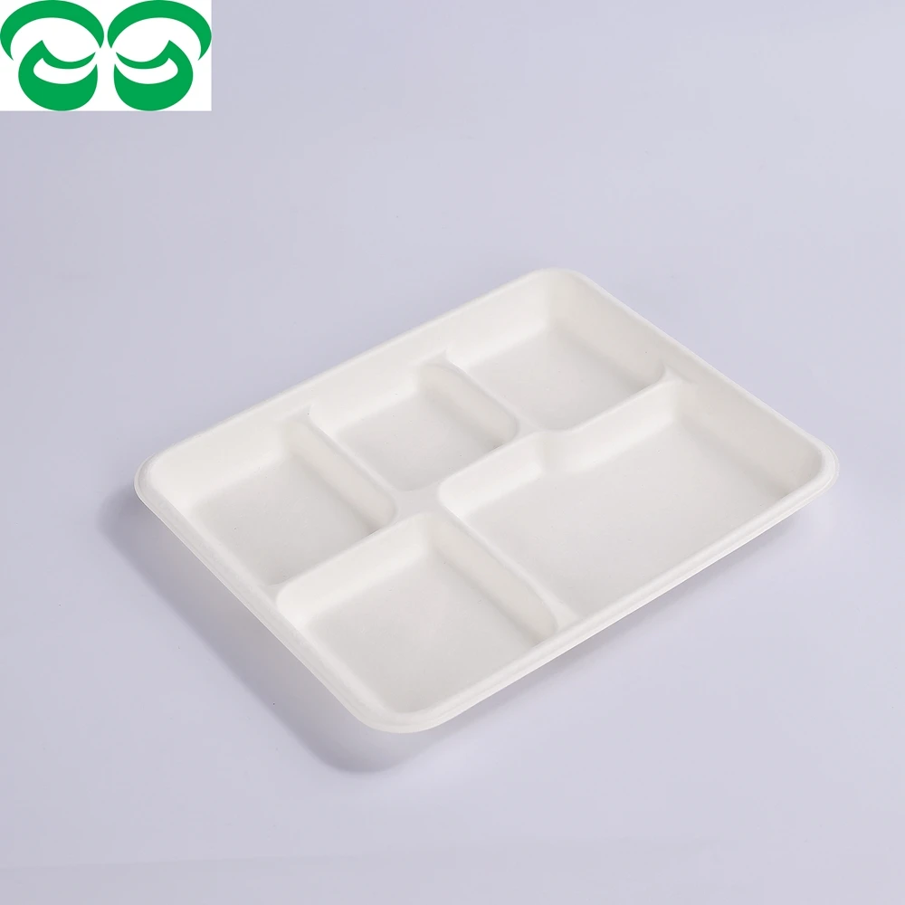 Free Samples Wholesales Eco-Friendly Microwavable Tray disposable Bagasse Paper Serving Trays with 5 Compartments