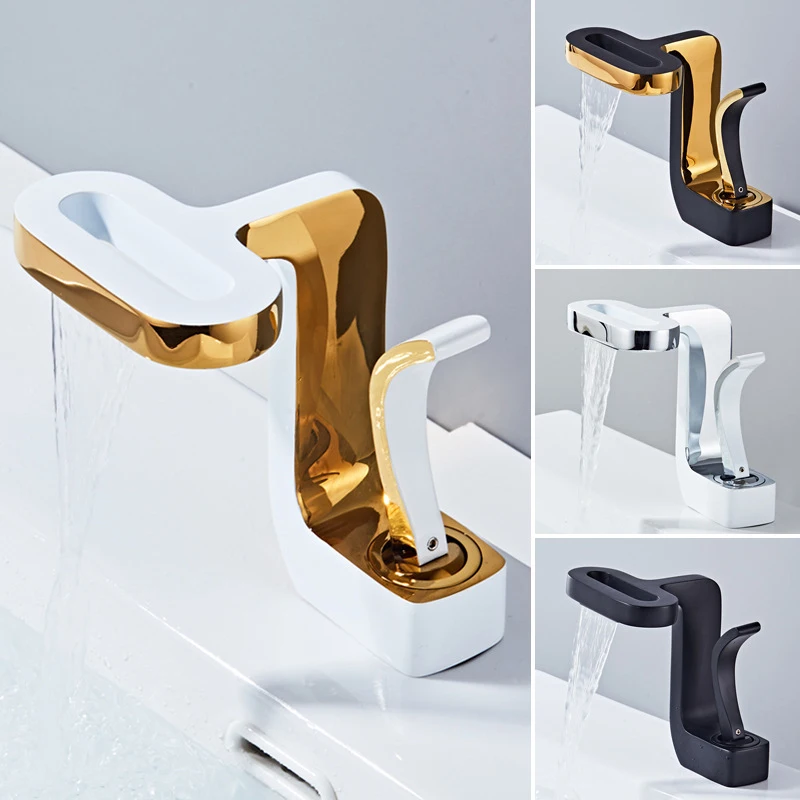 New design cold basin faucet waterfall white single handle Mixer Tap gold tabletop wash basin bathroom sink hotel basin tap