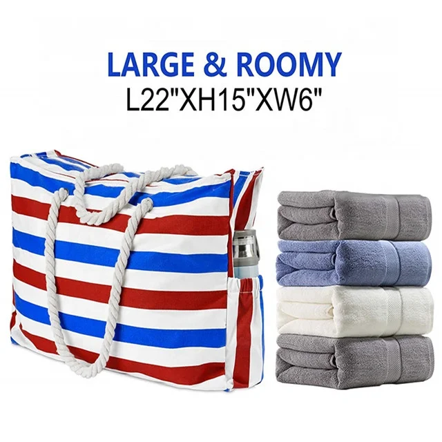 
Customized Women Cotton Canvas Rope Handle Wholesale Tote Zipper Foldable Beach Towel Bag 