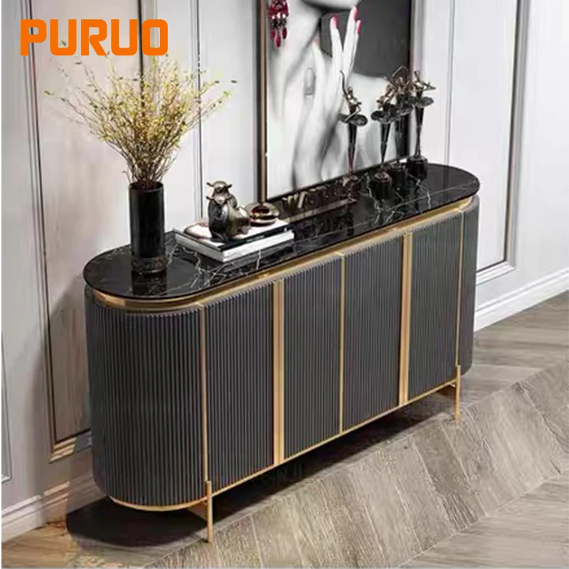 PURUO luxury home use living dining room furniture stone top MDF wooden cabinet buffet console table with storage
