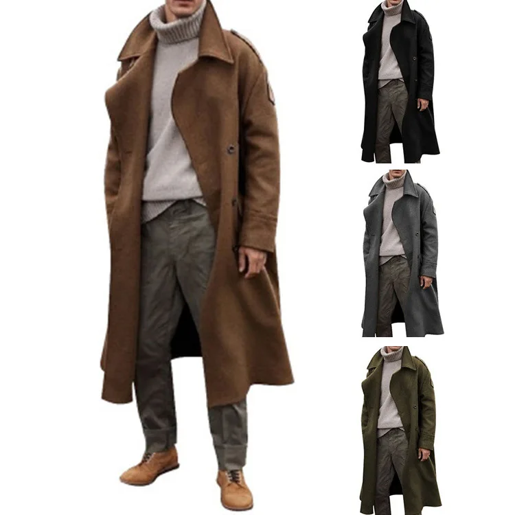 Wholesale Winter Classic Woolen Single Breasted Plaid Mid Long Trench Coat Men