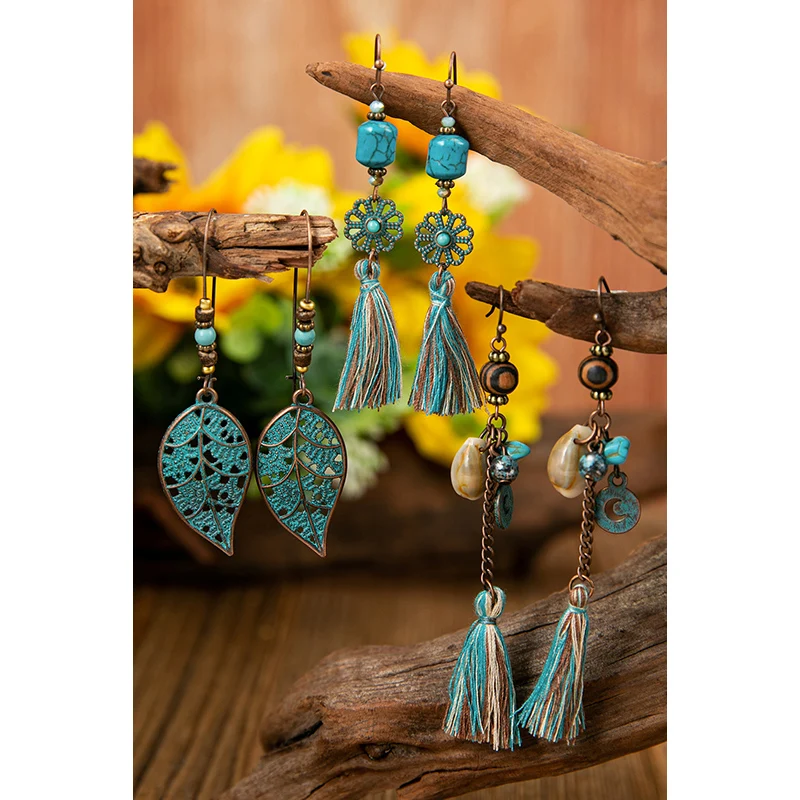 Fashion Bohemian Beaded Leaf Floral Hollow Out Women Tassel Earrings Set