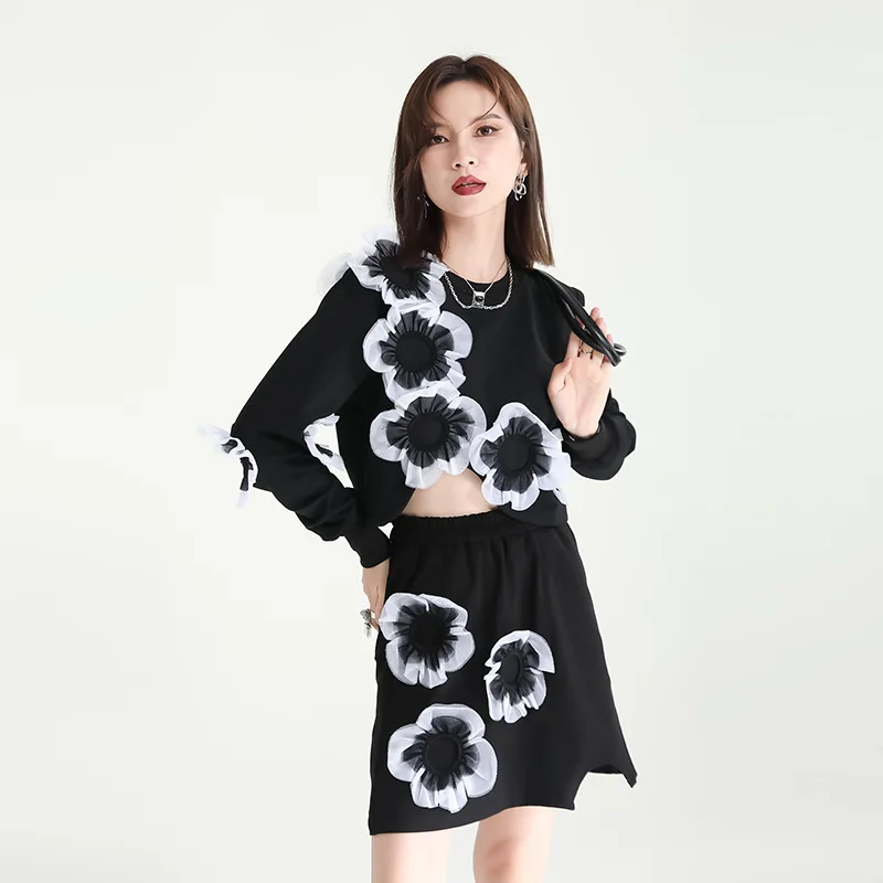 Юбка женская хлопковая с разрезом, дизайнерская короткая с завышенной талией, трехмерная с цветочной строчкой, осень