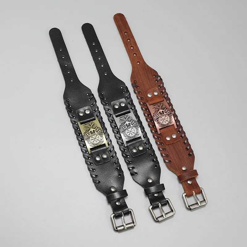 Nordic style Viking compass leather bracelet Retro punk jewelry vikings valhalla bangle for men