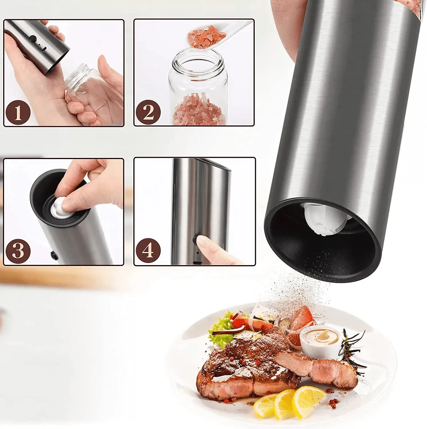 Wholesale USB Rechargeable Ceramic Burr Manual Spice Mill Gravity Electric Salt and Pepper Grinder Set with LED Light