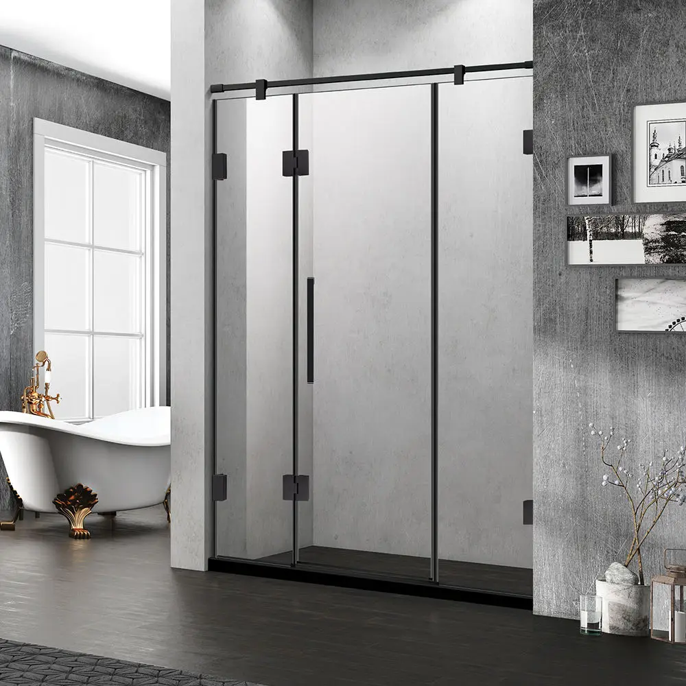 Kamali 3 panels luxury square walk in aqua glass shower doors black 1 meter self cleaning glass shower cabin
