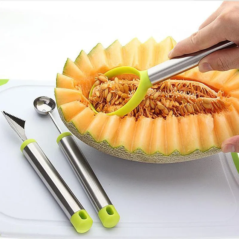 Ice Cream Ball Spoon Double Stainless Steel Melon Baller Kitchen Cut Watermelon Carving Fruit Digging Spoon Platter