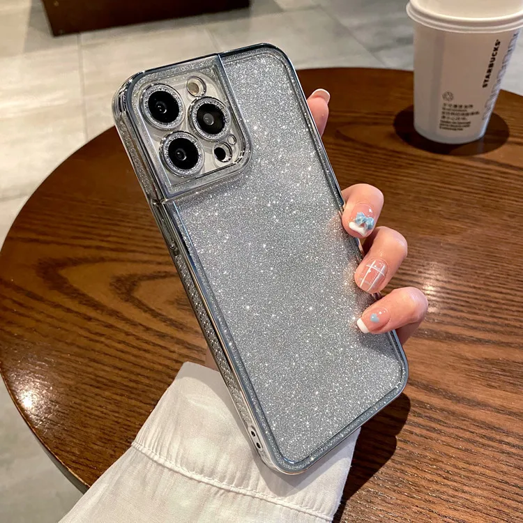 Роскошный чехол для мобильного телефона из ТПУ с квадратным покрытием и бесплатной стальной пленкой блестками яркий серебристый Iphone 13 12 11 14 Pro