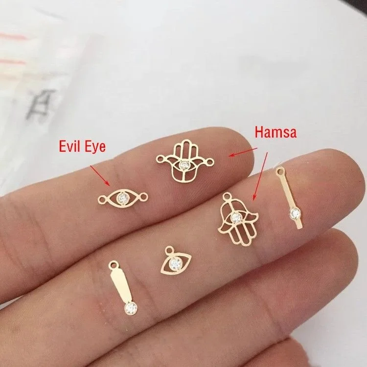 GP Hour Second hand Eye Shape Hamasa Hands CZ Stone Charms Connector 20ga Thick Wholesale 1/20 14K Yellow GF