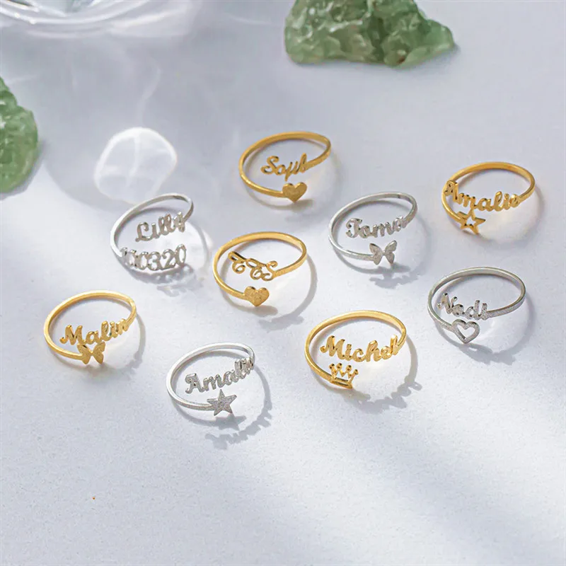Personalized gold stainless steel jewelry custom nameplate custom font adjustable first names ring