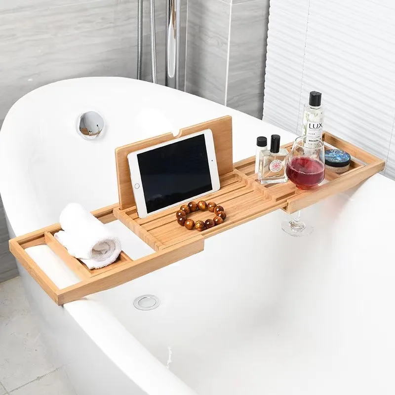 100% Natural Bamboo Home Bathroom Bathtub Tray with Luxury Bath Book Stand for Soap Usage