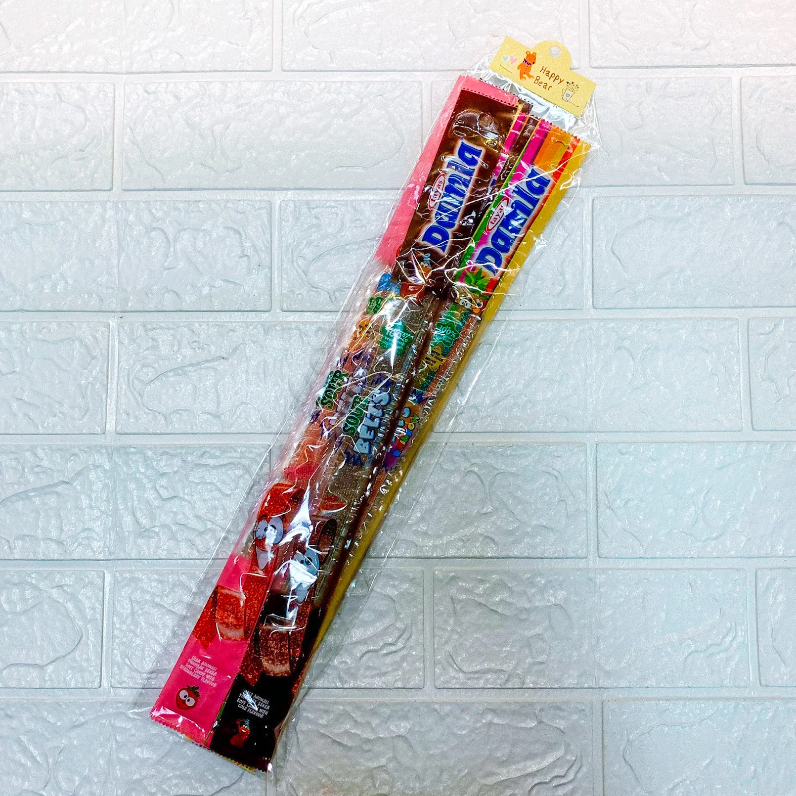 SPECIAL LONG TO 45CM MIX FRUIT FLAVOR SOUR BELTS 8 PIECE IN ONE BAG SOUR STRIPS