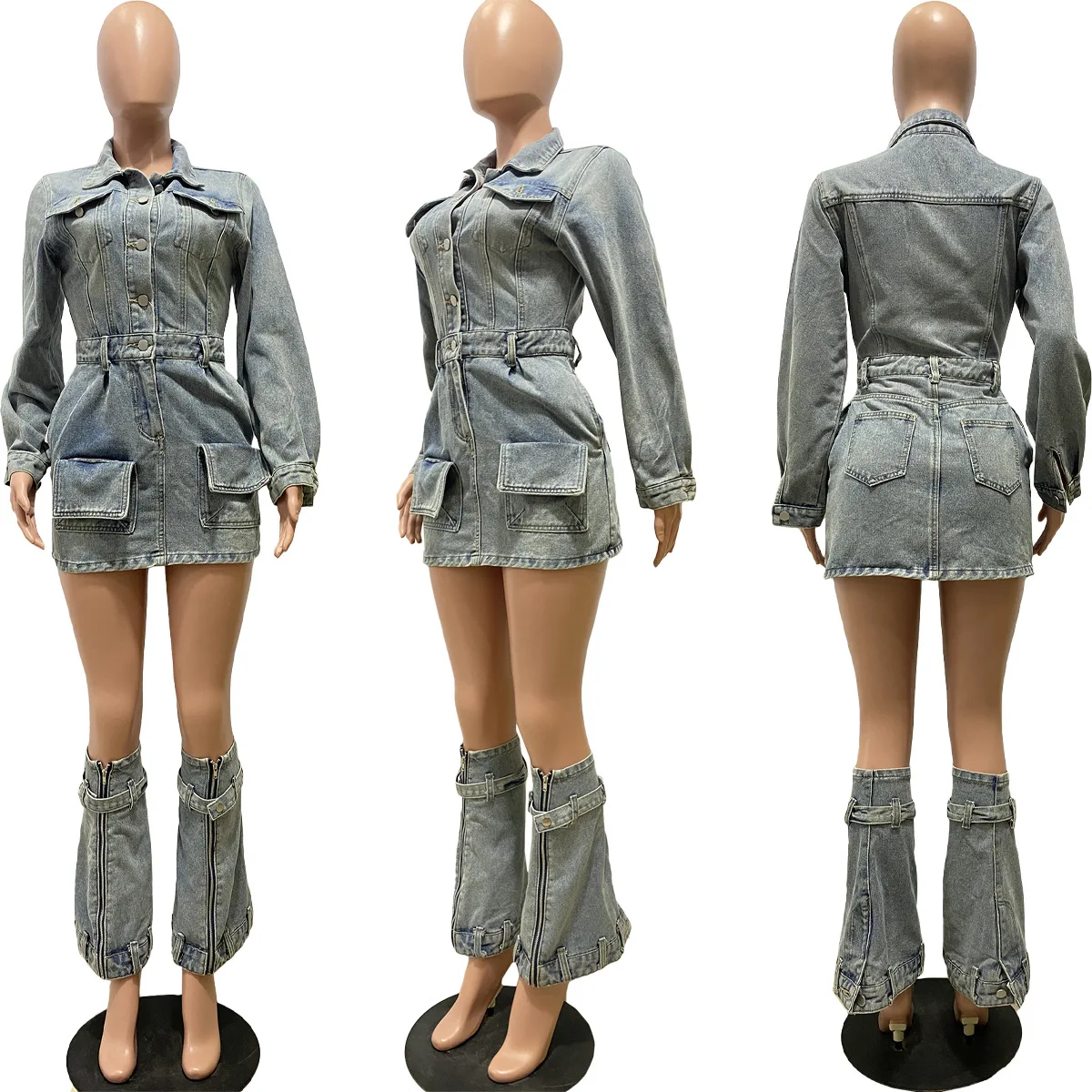 Charm Boots Set Buttons Mini Skirt Long Sleeves Denim Dress Blue Jeans Dresses Women