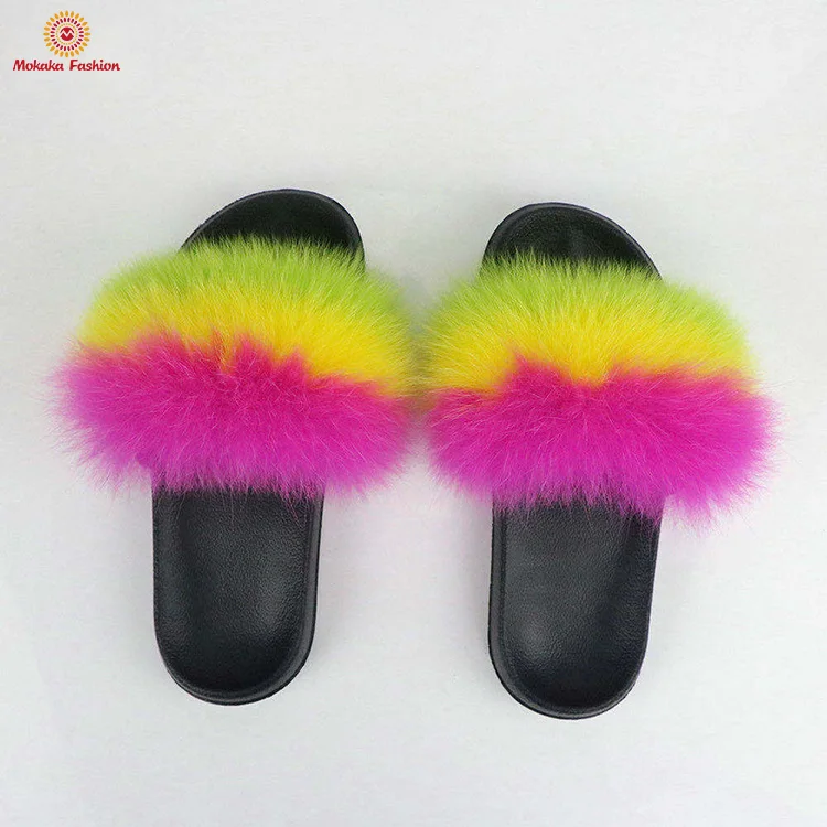 
Wholesale fashion custom color fluffy fur slides womens slippers women fox 